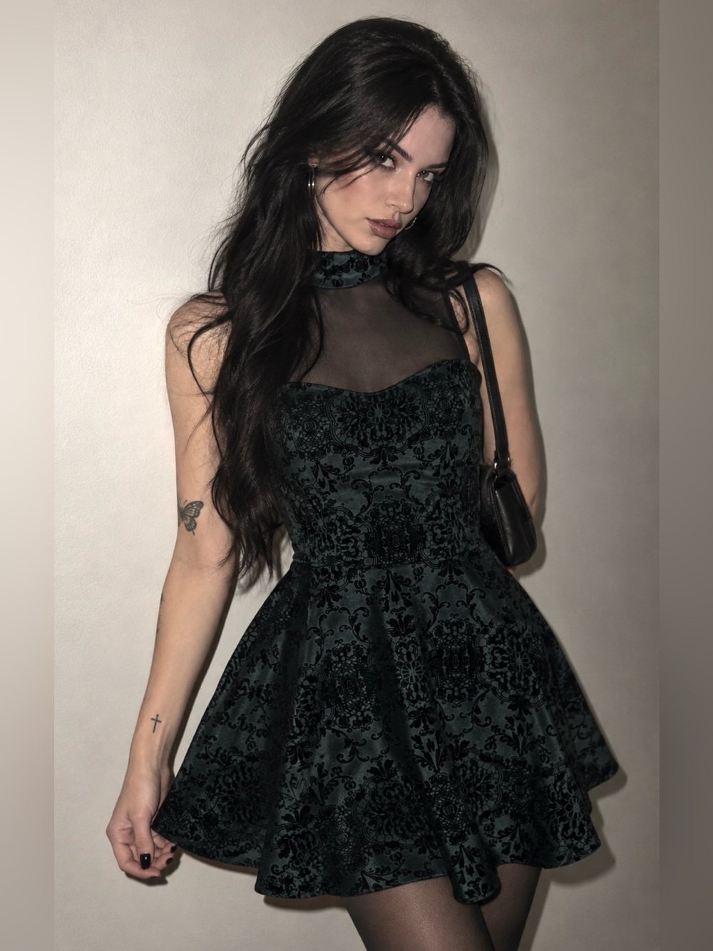 Velvet Mock-Neck Fit & Flare Dress in Deep Green-Women’s Formal Essentials